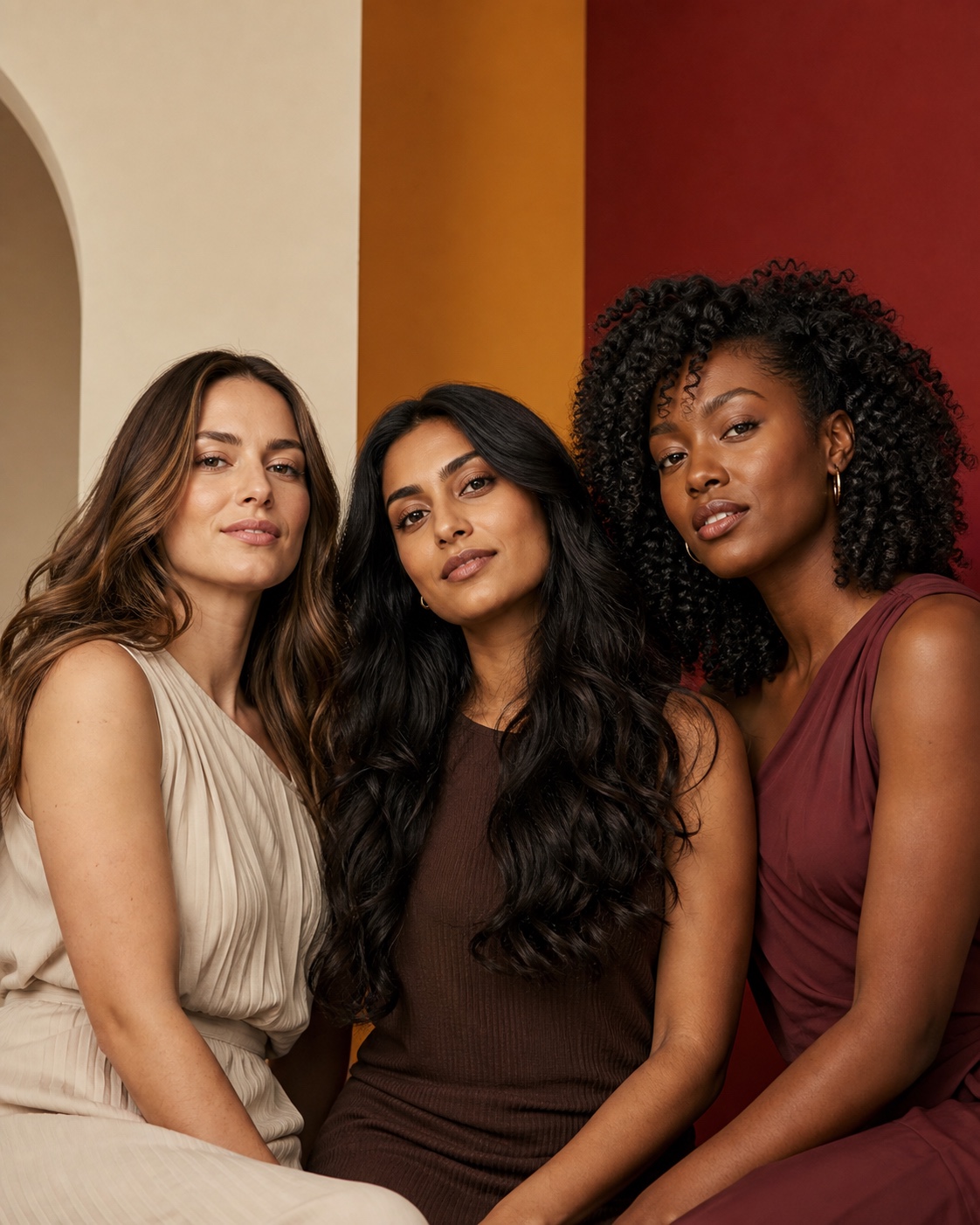 Three women with softly wavy, naturally textured and defined curly hair against Bone, Amber and Burgundy studio backdrops