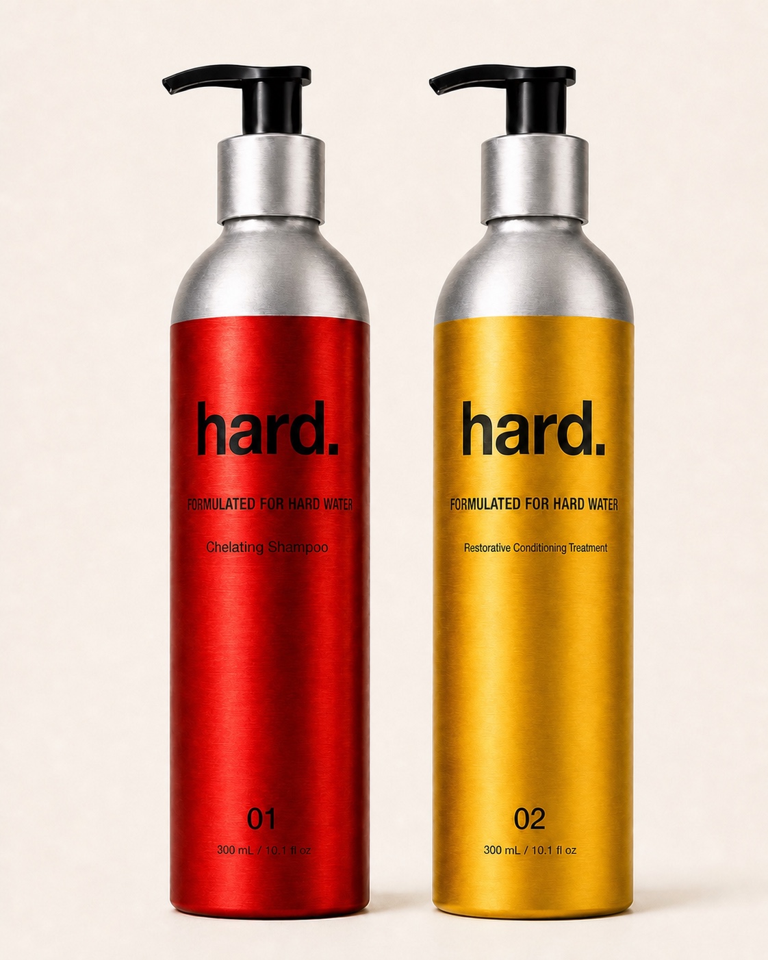hard. Step 01 chelating shampoo and Step 02 restorative conditioning treatment bottles