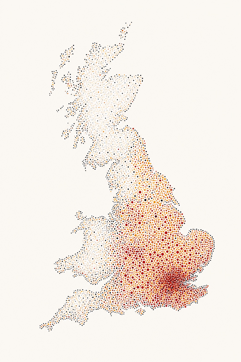 Contemporary dotted map showing regional variation in water hardness across Great Britain